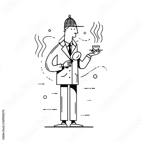 Detective holding magnifier glass and tea cup illustration investigation mystery investigator line art design 100