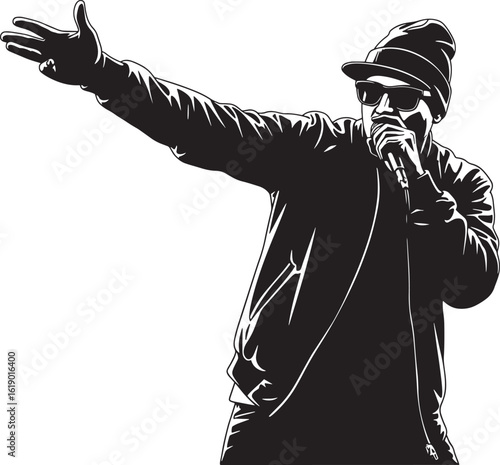 Man wearing beanie and sunglasses holding microphone