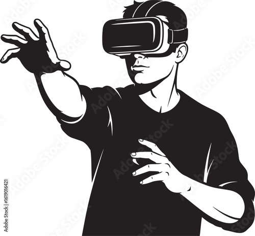 Man wearing virtual reality headset reaching out vector
