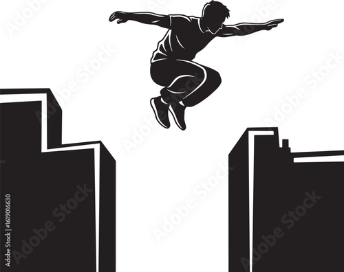 Silhouette man jumping between buildings vector illustration