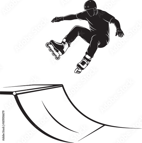 Silhouette of inline skater performing trick on ramp