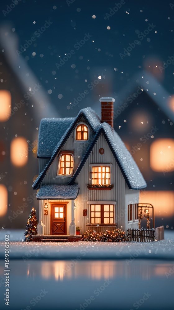 Fototapeta premium Charming winter cottage illuminated at night with snow and festive decorations