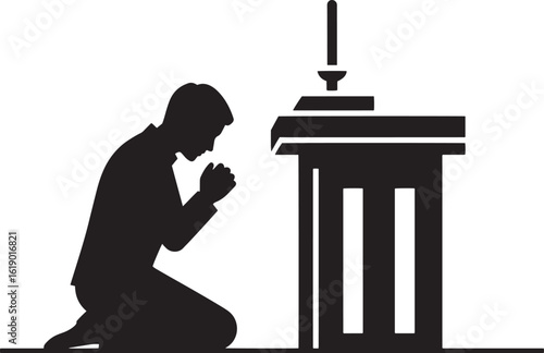 Silhouette of person kneeling in prayer before altar