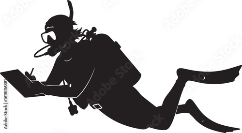 Silhouette of scuba diver writing on slate underwater