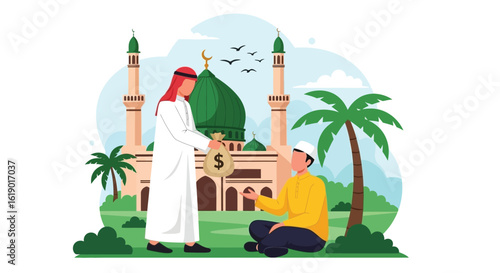 Charity Giving in Front of a Mosque Illustration
