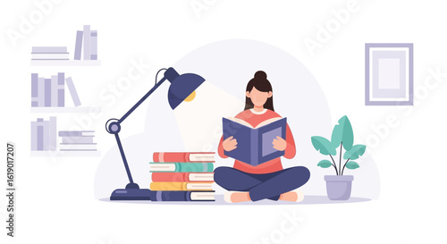 Person Reading a Book in a Cozy Room with Books and Lamp
