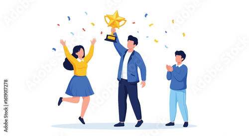Celebrating Victory: Team Holding Trophy and Cheering