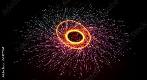 Spinning Light Trails Art with Circular Motion on Dark Background