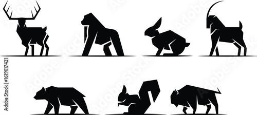 Animal Silhouette Icon Set – Geometric Wildlife Vector Featuring Deer, Gorilla, Rabbit, Bear, Wolf & More