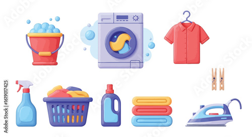 Set of Laundry Icons with Detergent, Washing Machine, and Clothes