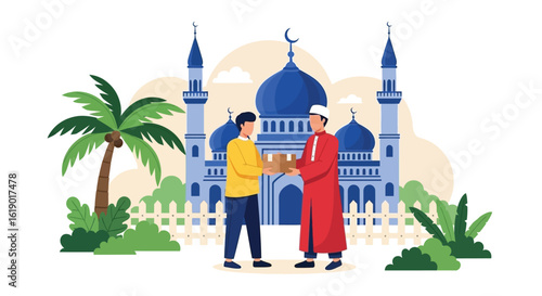 Charity Giving in Front of a Mosque Illustration