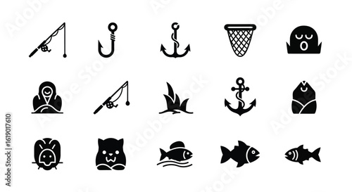 Set of Fishing and Marine Icons in Black