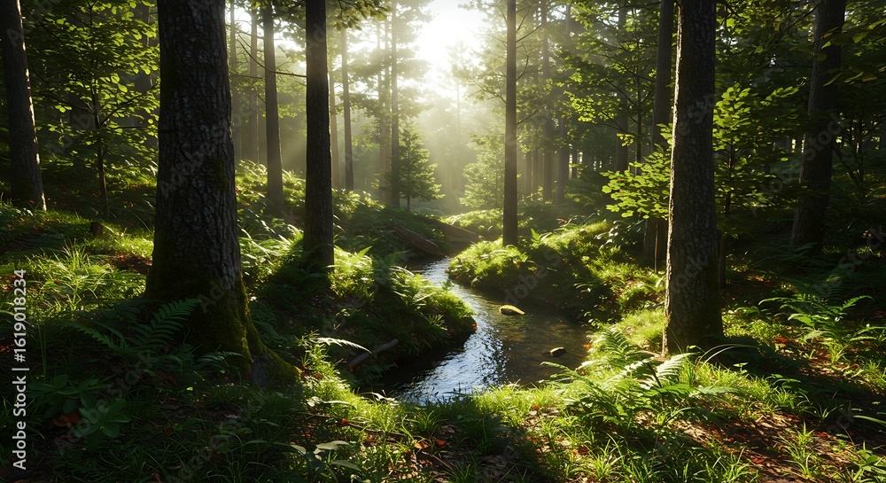 Obraz premium Stream Flowing Through Sunlit Forest with Green Ferns and Tall Trees