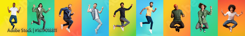 Fotografie A vibrant collage features a diverse group of men joyfully jumping against colorful backgrounds, showcasing their energy and camaraderie in a celebration of diversity and lifestyle