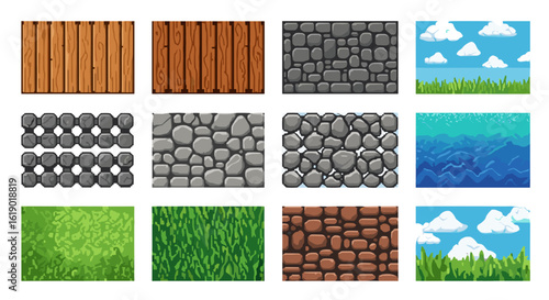 Collection of twelve square tiles showing various textures including wood stone grass and sky designs