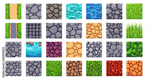 Collection of game tiles featuring various textures including stone water grass and dirt paths shown