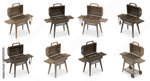 Multiple charcoal grills with open lids and side tables arranged on a plain white background in a grid