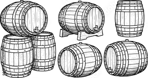 Hand drawn vector illustration of wooden barrels arranged in different positions, showcasing craftsmanship and design elements