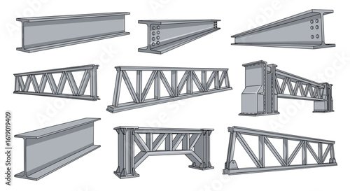 Illustration showcasing various types of steel beams and truss structures on a white background surface view