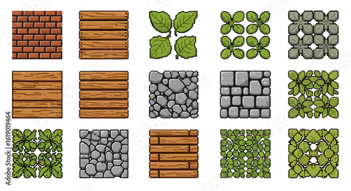 Collection of pixel art textures featuring brick, wood, stone, and various types of foliage patterns