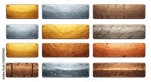 Collection of twelve rectangular metal panels in various colors and textures with visible rivets and weathering