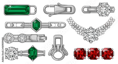 Collection of jewelry clasps and decorative elements featuring gemstones and metalwork designs in various styles