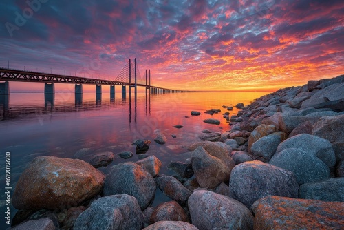 Fototapeta Naklejka Na Ścianę i Meble -  Dramatic sunrise over the Oresund bridge connecting Sweden and Denmark, with rocks in foreground and a colorful sky reflecting in the calm water