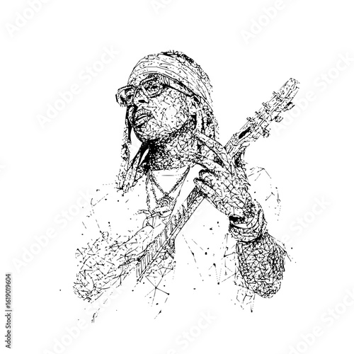Abstract guitar player musician art black and white drawing guitarist music band performer concert illustration