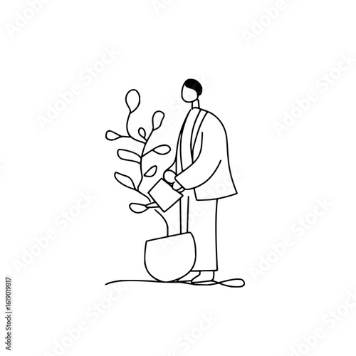 Man watering plant illustration line art drawing vector design nature growth garden care botanical concept art