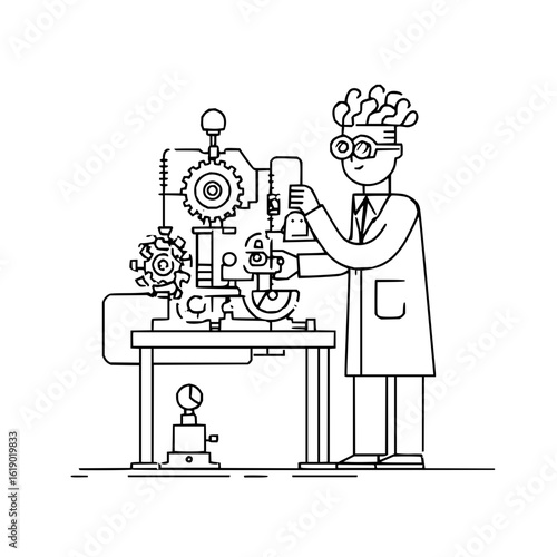 Scientist machine lab coat experiment technology research innovation engineering gears goggles science work