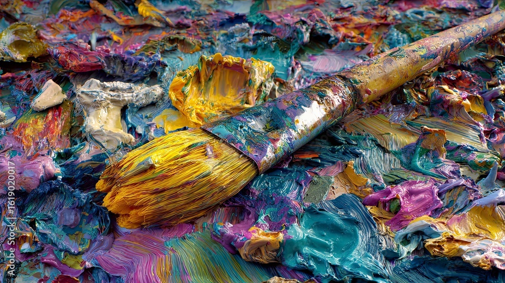 Fototapeta premium Paintbrush on colorful oil paint