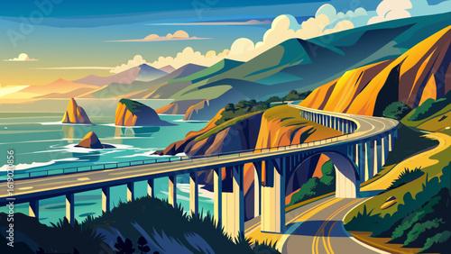 Highway 1 running along Pacific coast in California winds above cliffs where waves crash below. Semi-realistic vector style captures ocean mist, curving roads, and golden light on rugged shores.