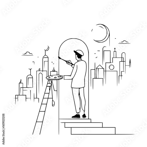 Painter city skyline art drawing cityscape illustration artist ladder painting artwork moon creative scene 100