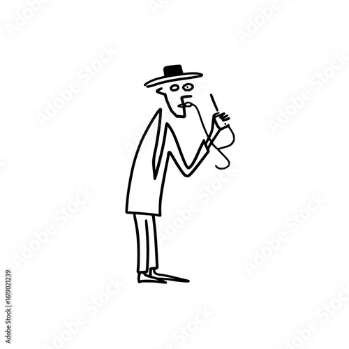 Stick figure smoking pipe with hat line art drawing simple design illustration vector graphic minimal artwork