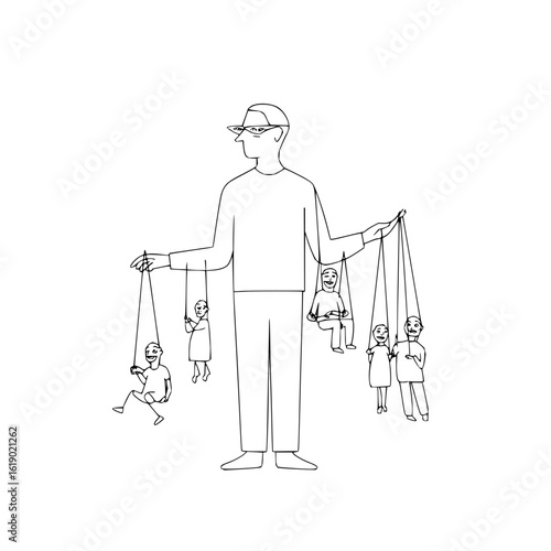 Man controls people puppets strings manipulation control marionette power authority influence leader leadership concept