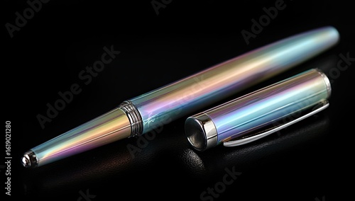 Iridescent pen, black background, studio shot, writing tool