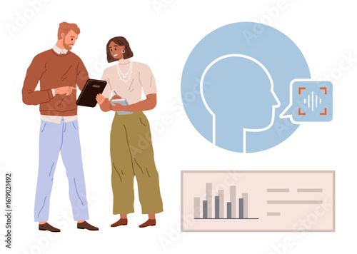 Two professionals analyzing data on a tablet, voice recognition concept with speech analysis graphic, and bar chart. Ideal for teamwork, communication, analytics, AI, business strategies, data