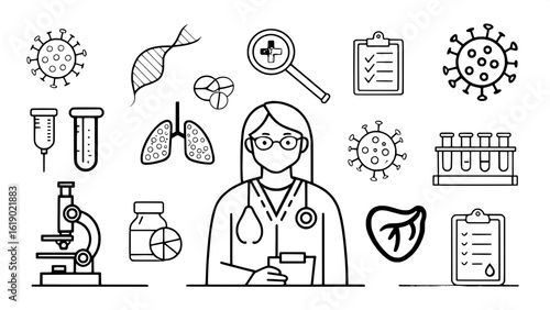 "Minimalistic line icons for health and medical checkup — features doctor, patient, medical tools, organs (lung, liver, stomach), virus, blood test, research lab"