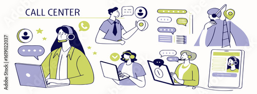 Illustration of call center representatives assisting customers with laptops and communication icons around them created with generated ai