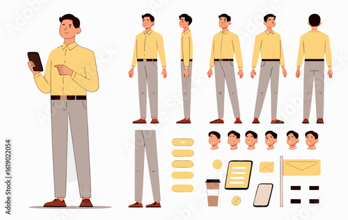 Illustration of a man in different poses with accessories and separate body parts on a white background created with generated ai