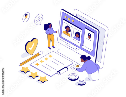 Isometric illustration of customer feedback with stars, checklist, and online profiles shown created with generated ai