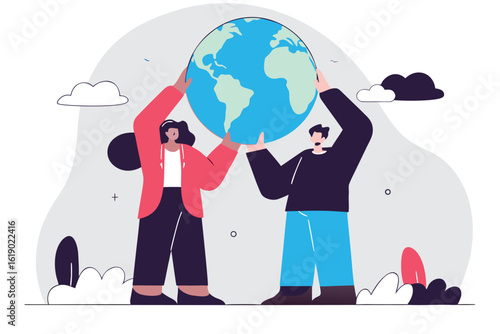 Man and woman holding planet earth illustration globe