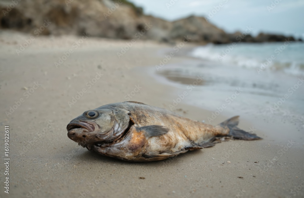 Fototapeta premium Dead fish washed ashore on sandy beach. Lifeless eyes, damaged scales reveal harsh effects of marine pollution. Scene highlights environmental issues like plastic waste, contaminated oceans impacting