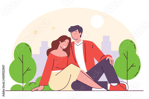 Couple sitting together in park with city skyline background