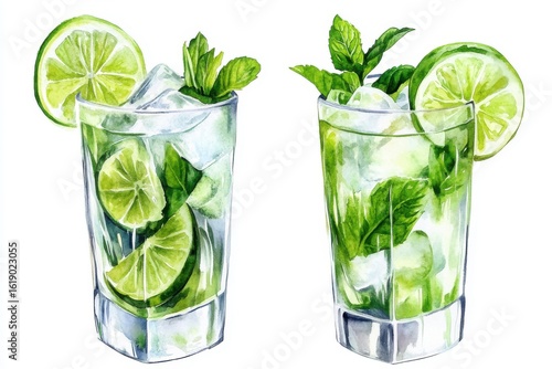 Two refreshing mojito cocktails isolated on white background