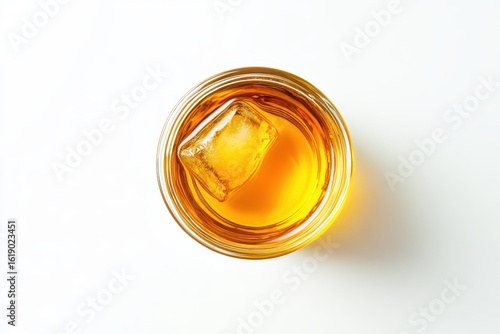 Top view of a whiskey glass with ice isolated on white background
