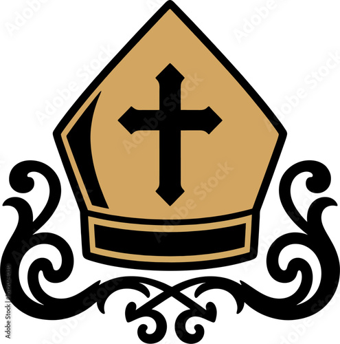 Gold and Black Bishop Mitre Vector Illustration with Ornamental Flourish and Cross Symbol