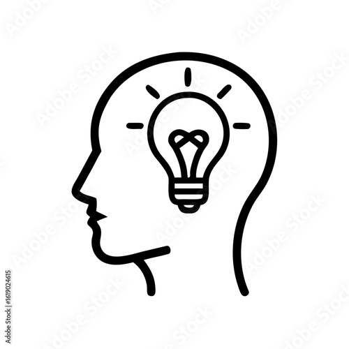 Light bulb in head illustration symbolizing creativity and innovative thinking in minimalist line art style