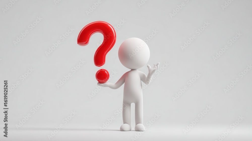 White figure pondering a difficult question with a large red question mark hovering above his outstretched hand in a studio White figure pondering a difficult question with a large red question mark hovering above his outstretched hand in a studio