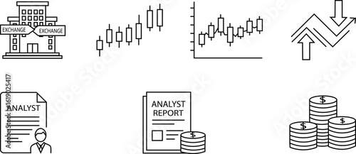 Set of Financial Market and Investment Analysis Line Icons: Featuring Stock Exchange, Candlestick Charts, Analyst Reports, and Money Growth